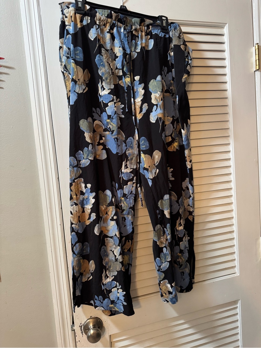 Floral Wide-Leg Pants with Blue & Tan Blooms